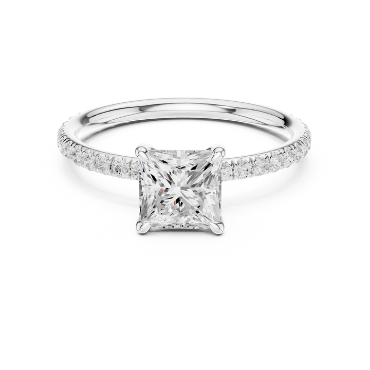 Lab-grown princess cut solitaire ring in white gold with thin pavé diamond band
