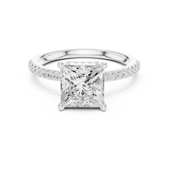 Princess solitaire ring in white gold with thin pave band and lab-grown diamond – Australia