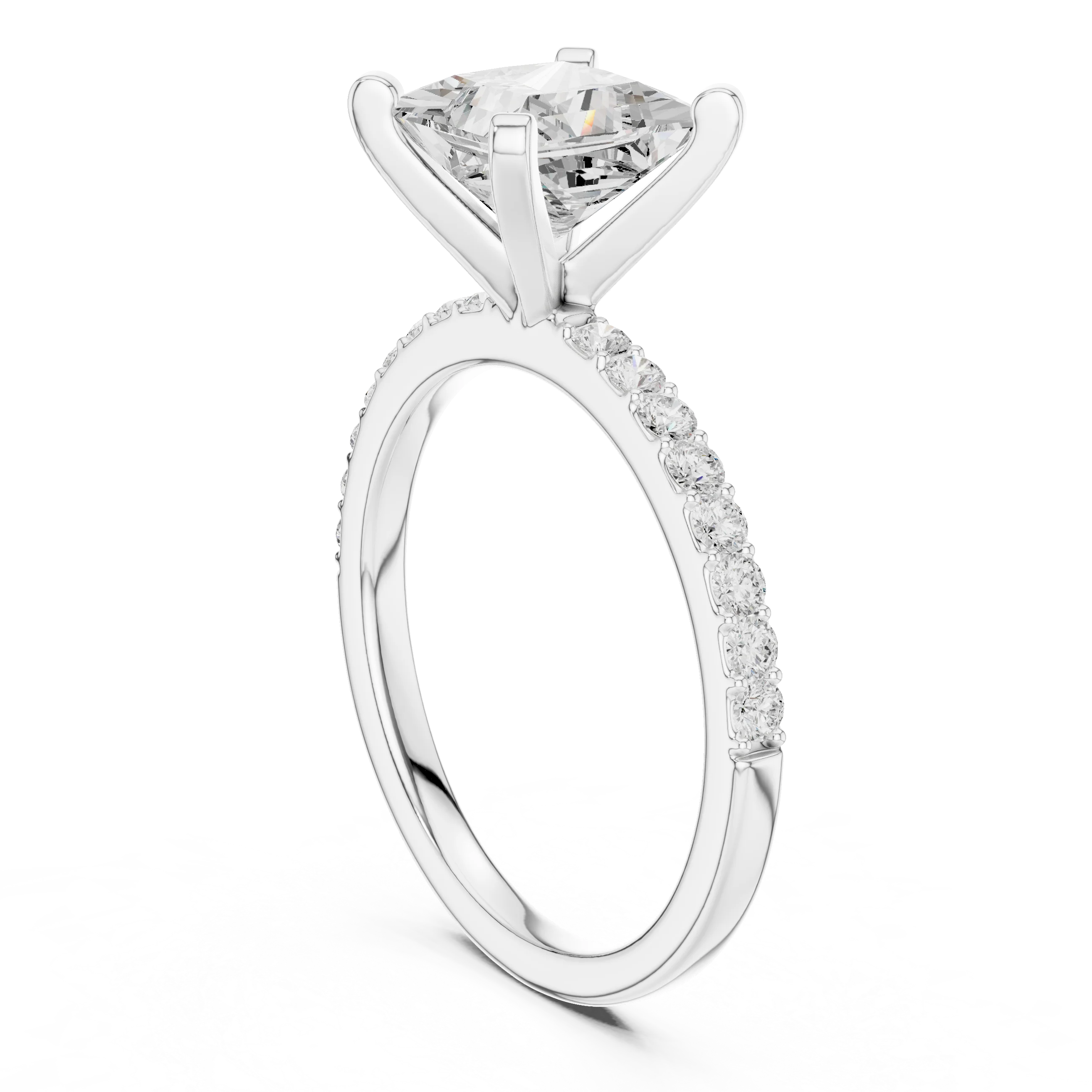 Back side view of white gold princess solitaire ring showing thin pavé band and setting details