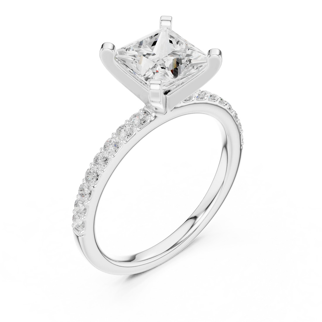 Front view of white gold princess solitaire ring with thin pavé band and center diamond