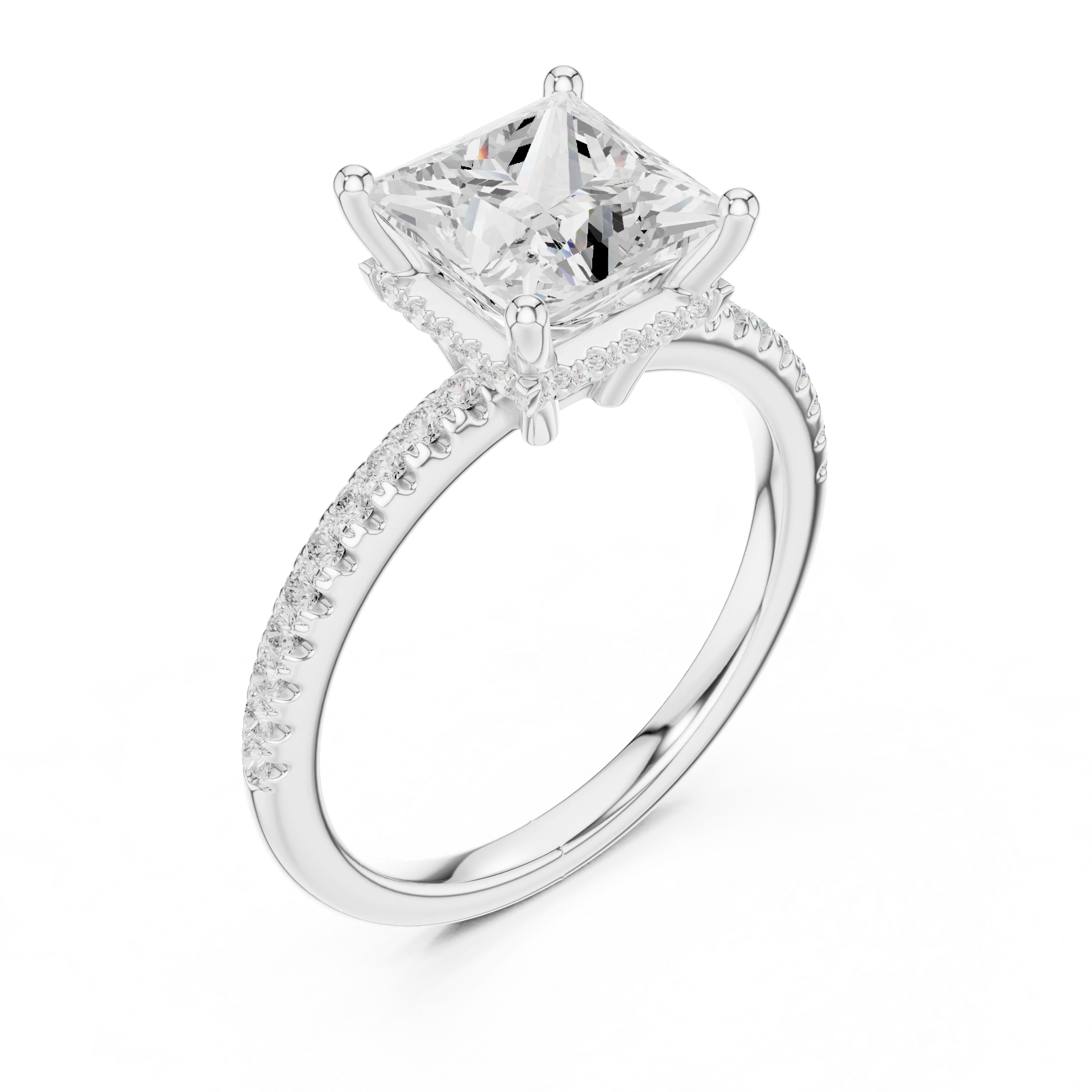 Front view of white gold princess solitaire ring with thin pave band and lab-grown diamond – Australia