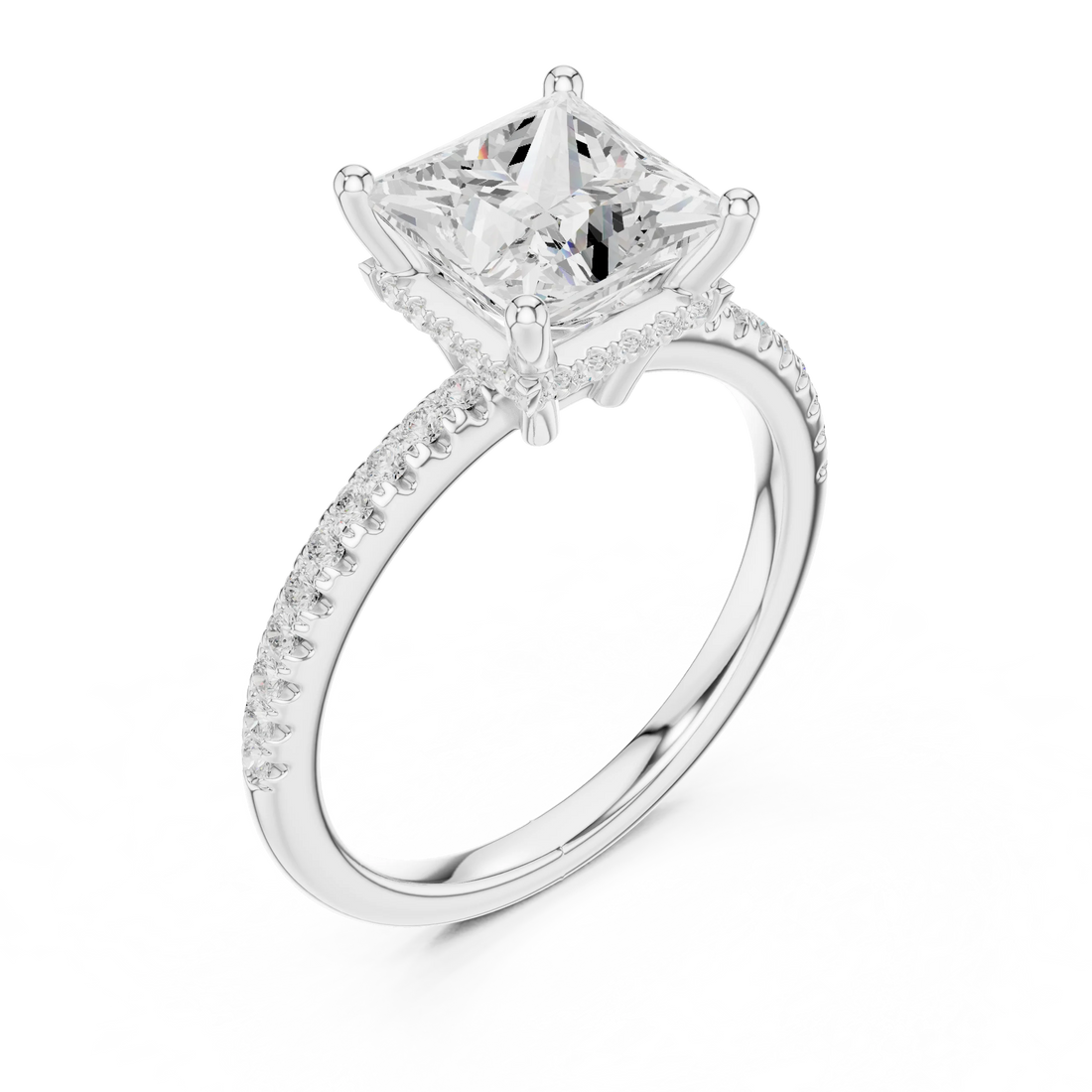 Front view of white gold princess solitaire ring with thin pave band and lab-grown diamond – Australia