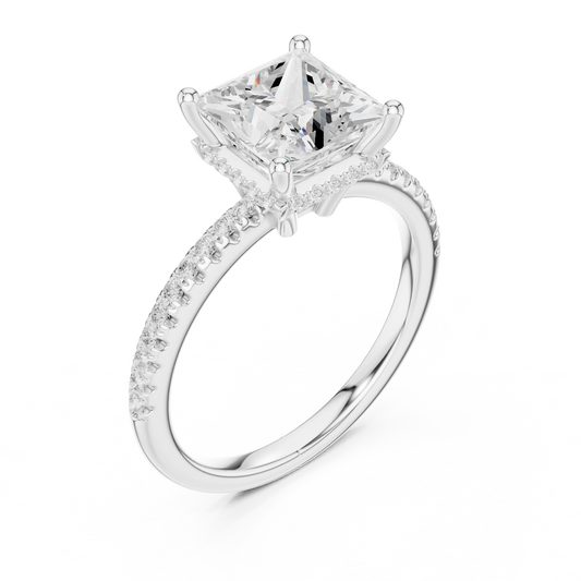 Front view of white gold princess solitaire ring with thin pave band and lab-grown diamond – Australia