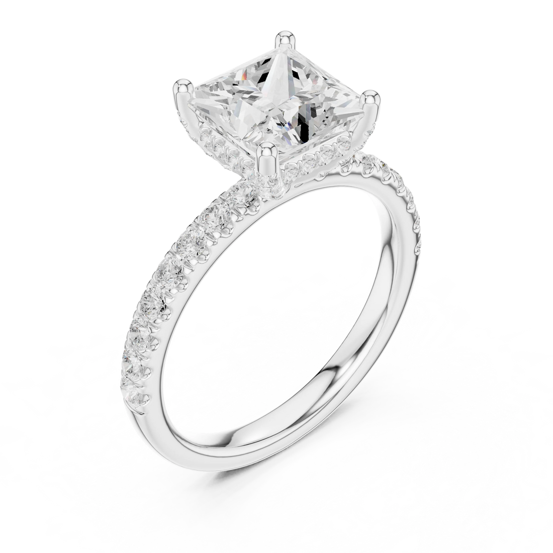 Front view of white gold princess solitaire ring with thin pave band and lab-grown diamond – Australia