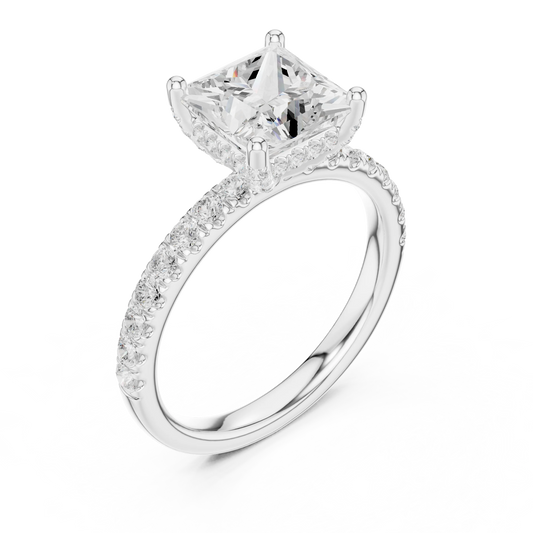 Front view of white gold princess solitaire ring with thin pave band and lab-grown diamond – Australia
