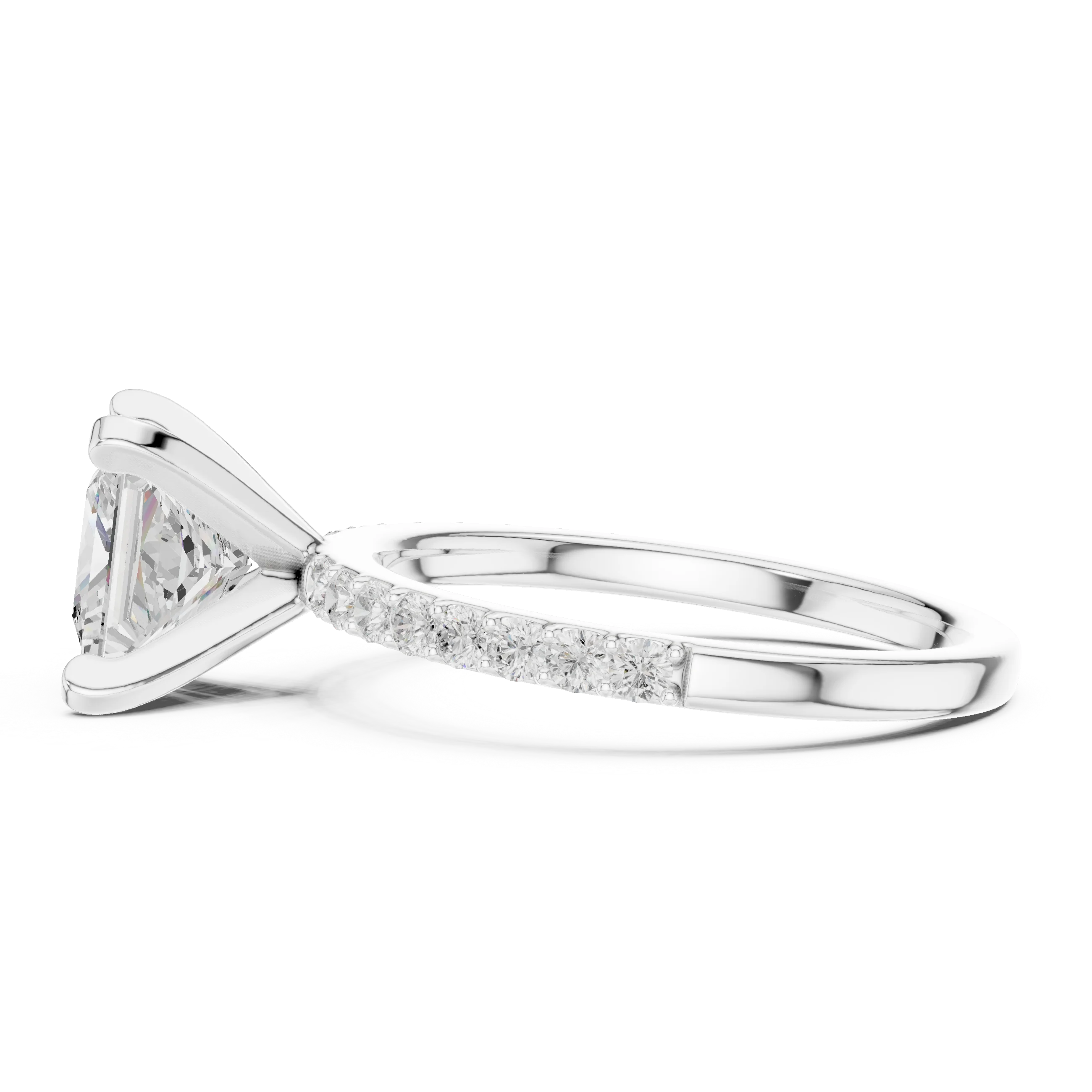 Side view of white gold princess solitaire ring with thin pavé band and elevated setting