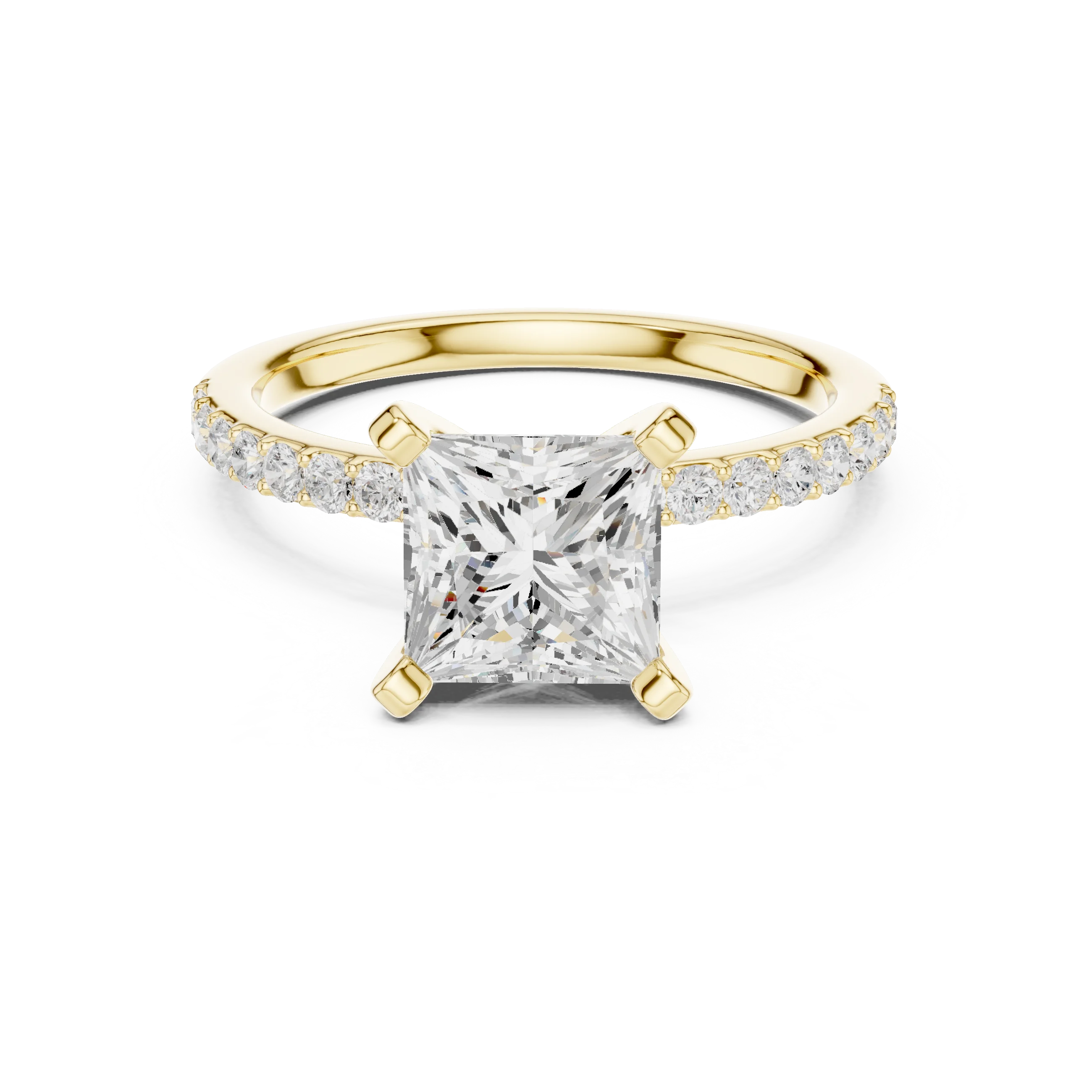 Lab-grown princess solitaire diamond ring in yellow gold with thin pavé band