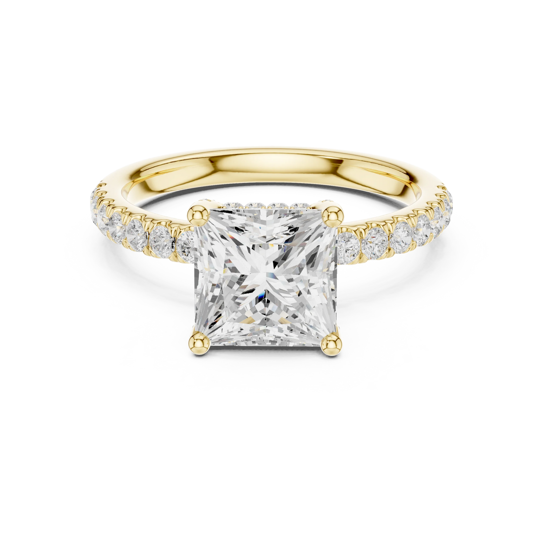 Princess solitaire ring in yellow gold with thin pave band and lab-grown diamond – Australia