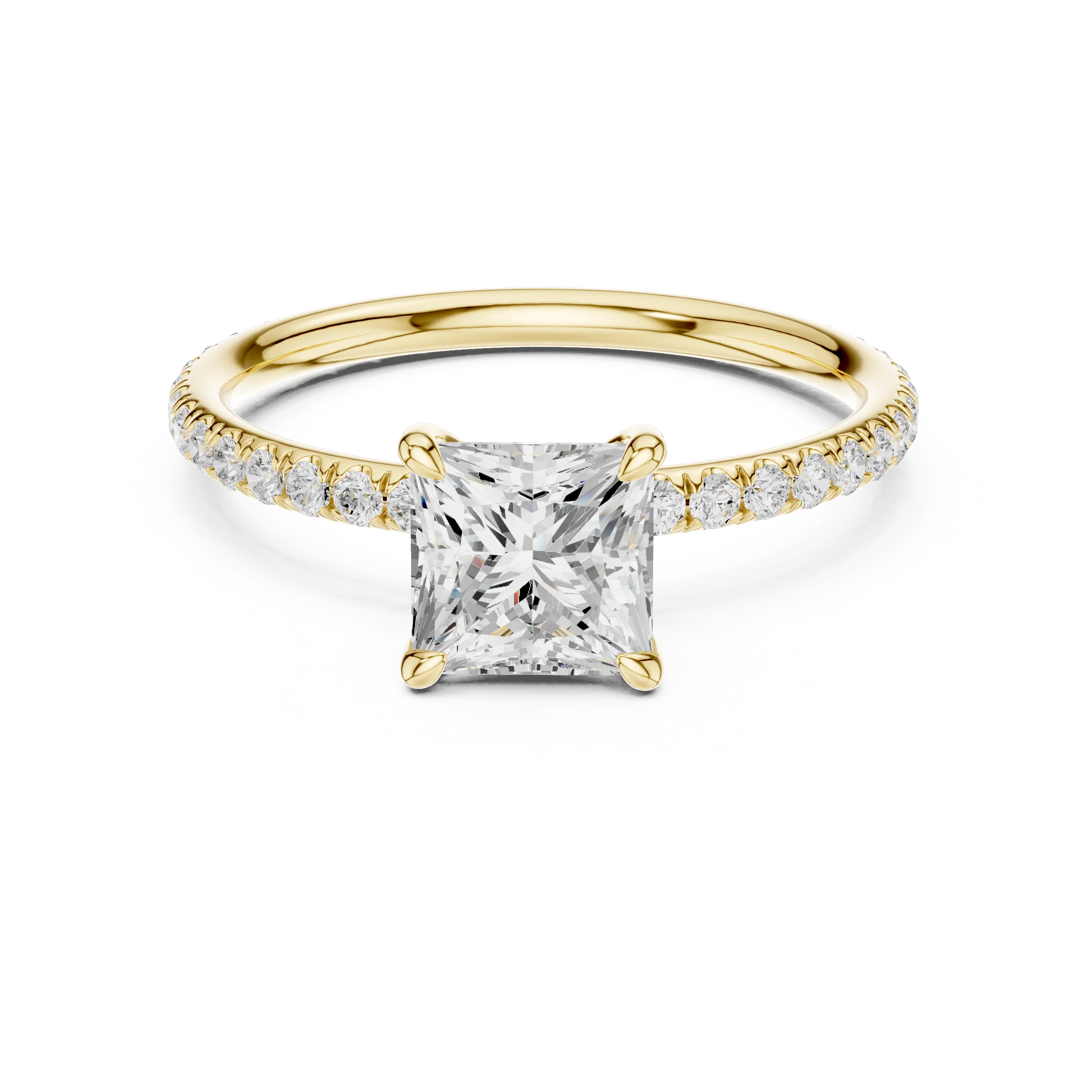 Lab-grown princess cut solitaire ring in yellow gold with thin pavé diamond band