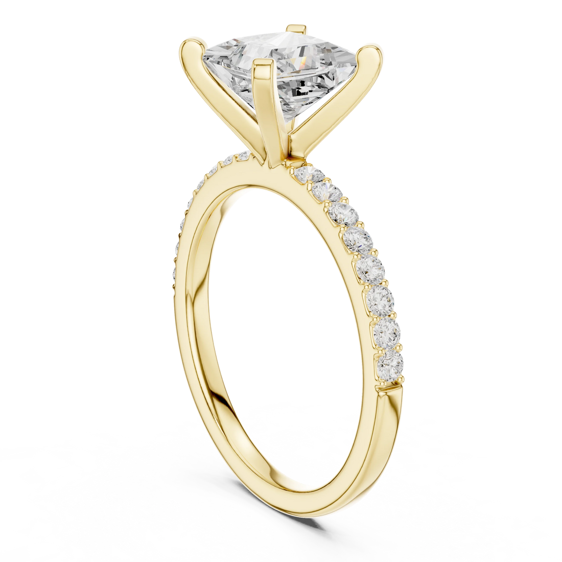 Back side view of yellow gold princess solitaire ring showing thin pavé band and setting structure