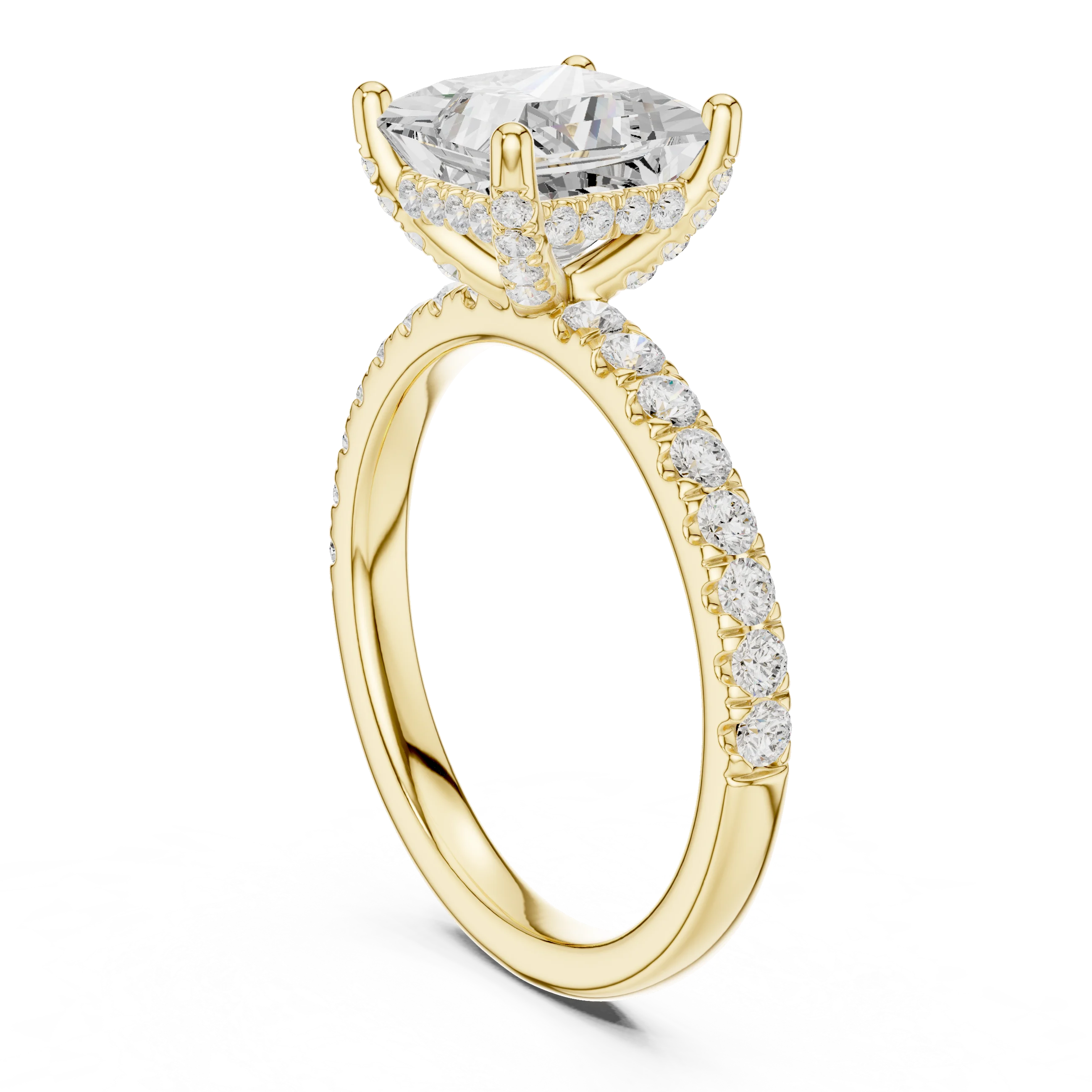 Back side view of yellow gold princess solitaire ring with thin pave band and lab-grown diamond – Australia