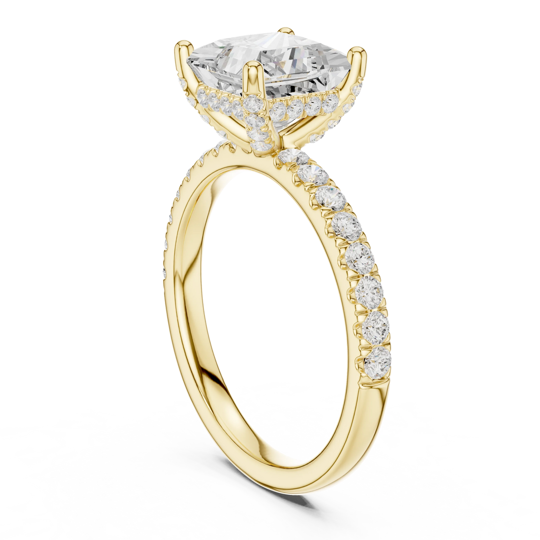 Back side view of yellow gold princess solitaire ring with thin pave band and lab-grown diamond – Australia