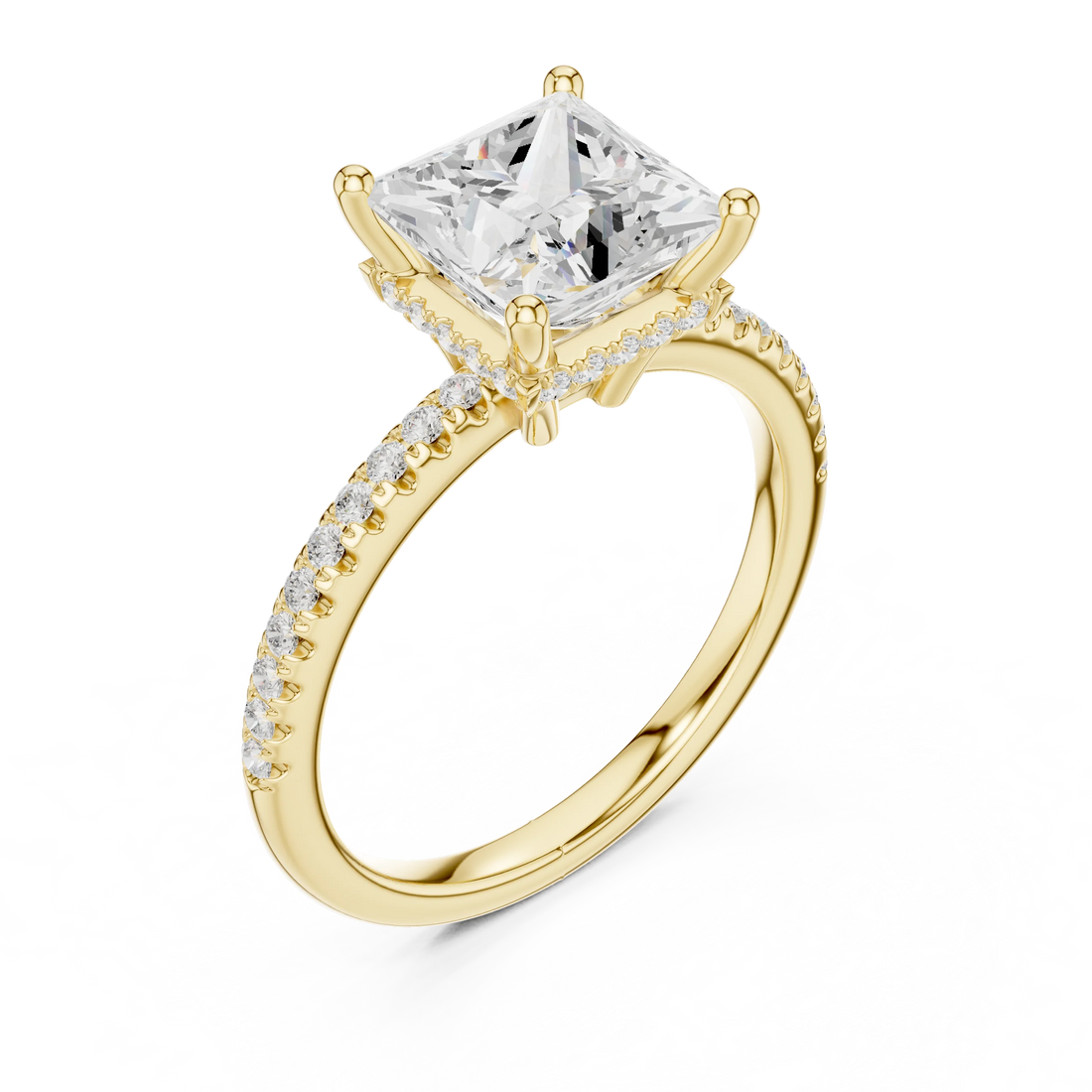 Front view of yellow gold princess solitaire ring with thin pave band and lab-grown diamond – Australia