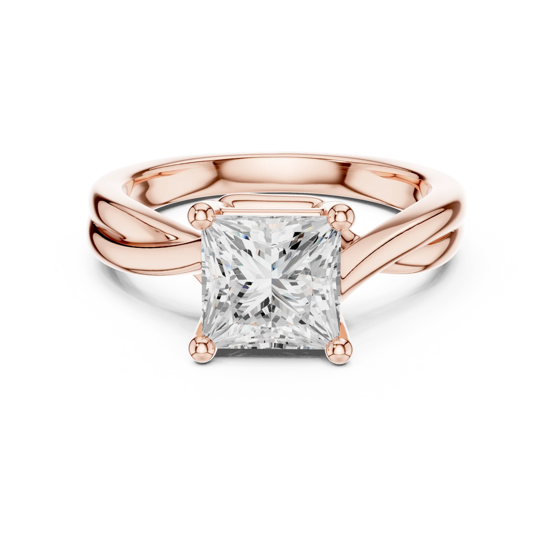 Lab-grown princess cut solitaire ring in rose gold with twisted band design