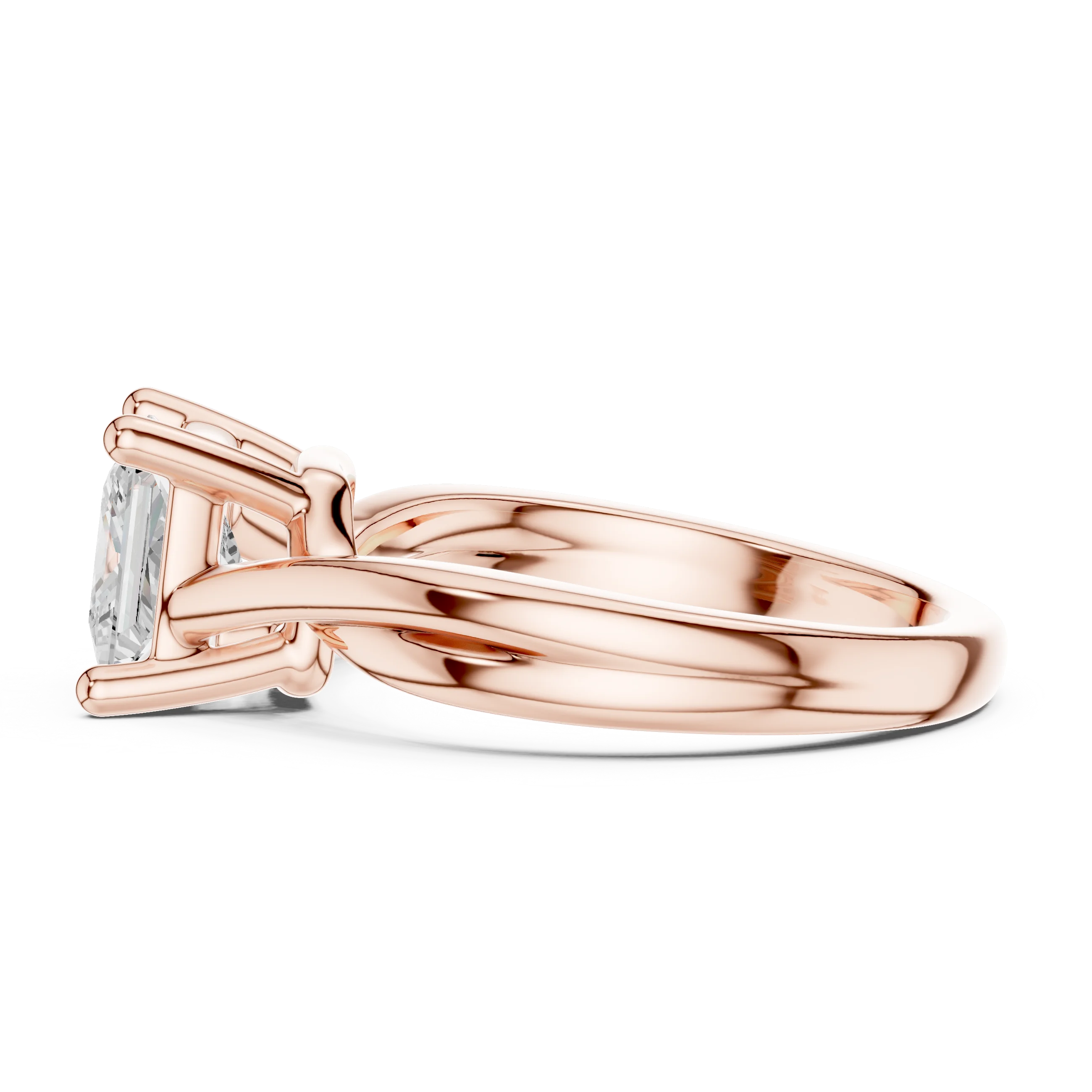 Side profile of rose gold princess cut solitaire ring with twisted band and elevated center stone