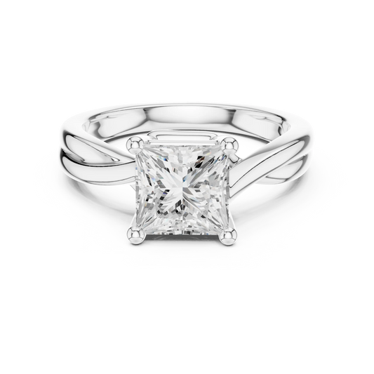 Lab-grown princess cut solitaire ring in white gold with twisted band design