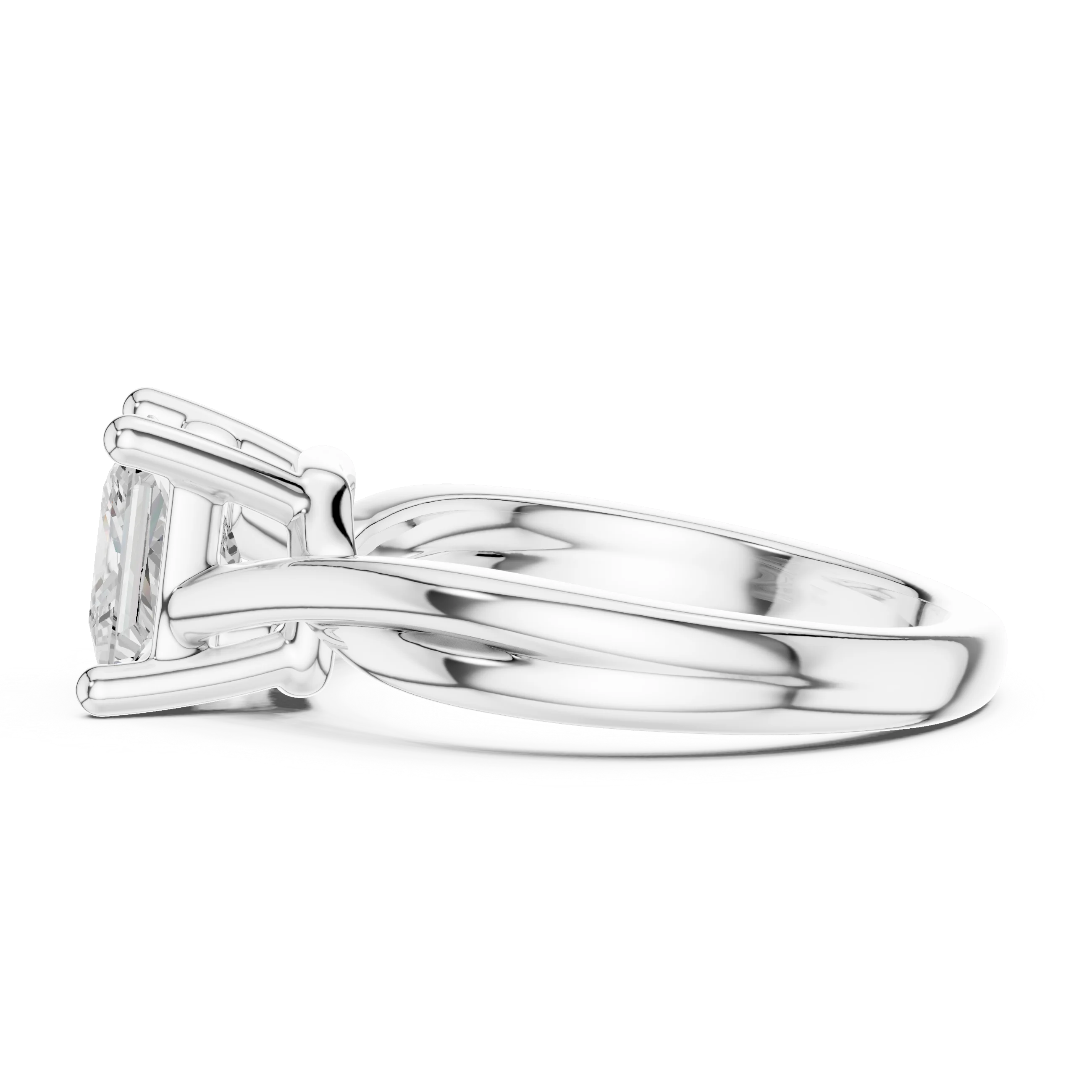Side view of white gold princess cut solitaire ring with twisted band and raised setting