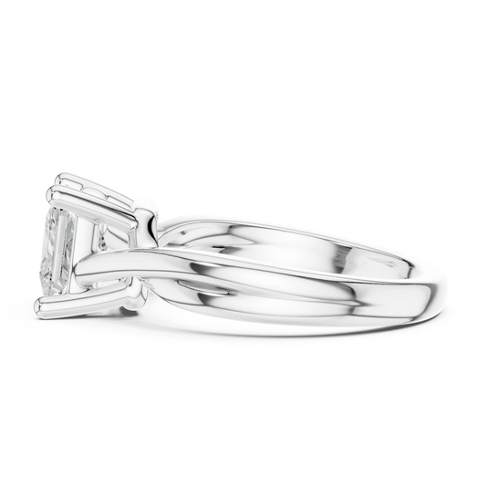 Side view of white gold princess cut solitaire ring with twisted band and raised setting