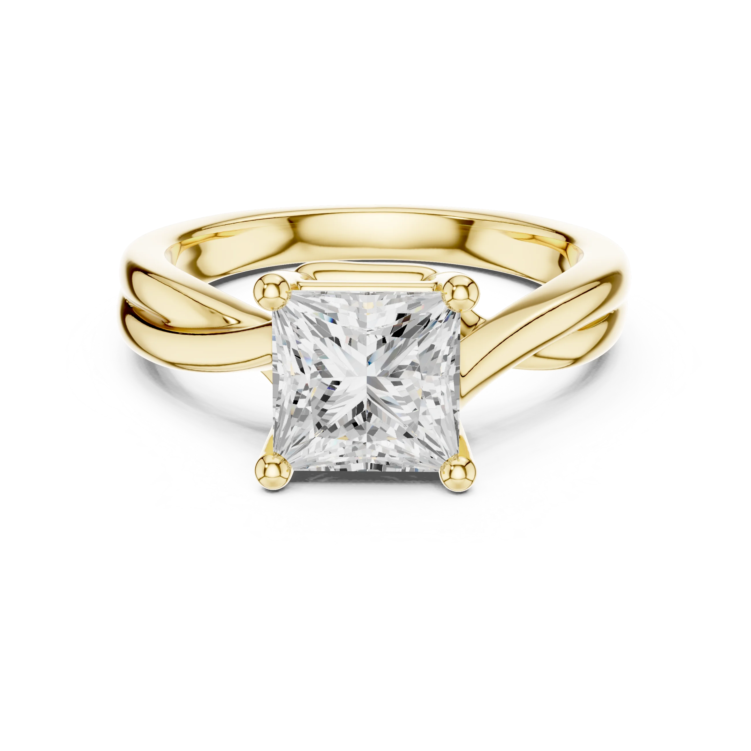 Lab-grown princess cut solitaire ring in yellow gold with twisted band design