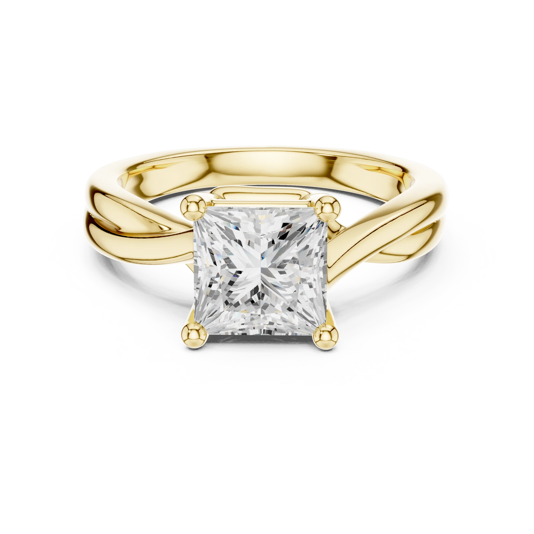 Lab-grown princess cut solitaire ring in yellow gold with twisted band design