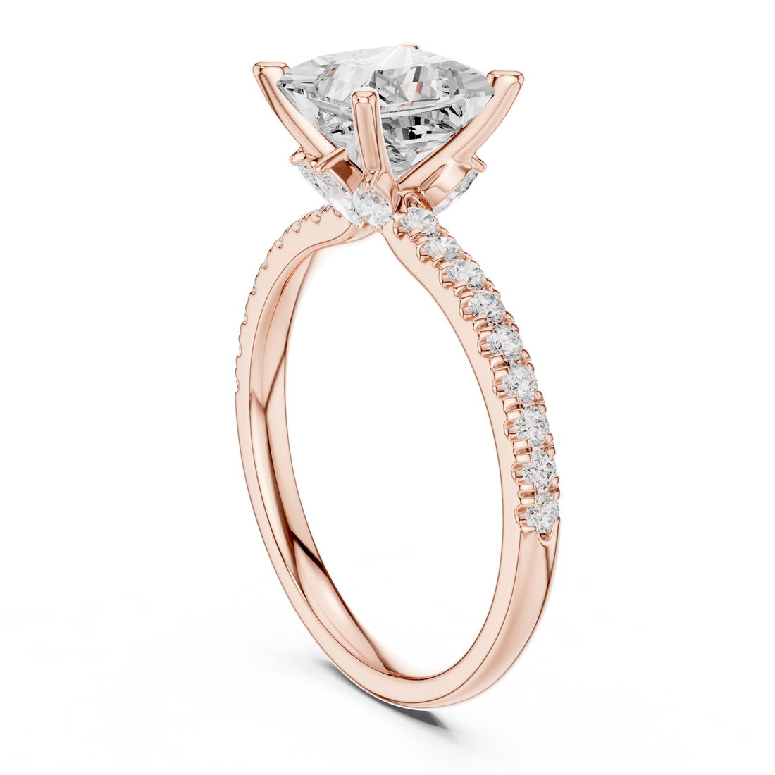 Back side view of rose gold princess solitaire ring with pave diamond band and lab-grown diamond – Australia