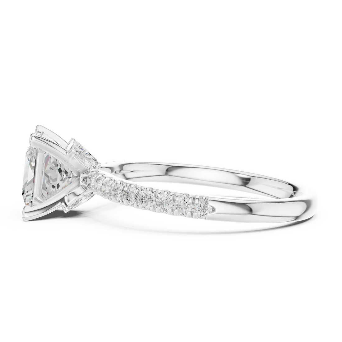 Side view of white gold princess solitaire ring with pave diamond band and lab-grown diamond – Australia