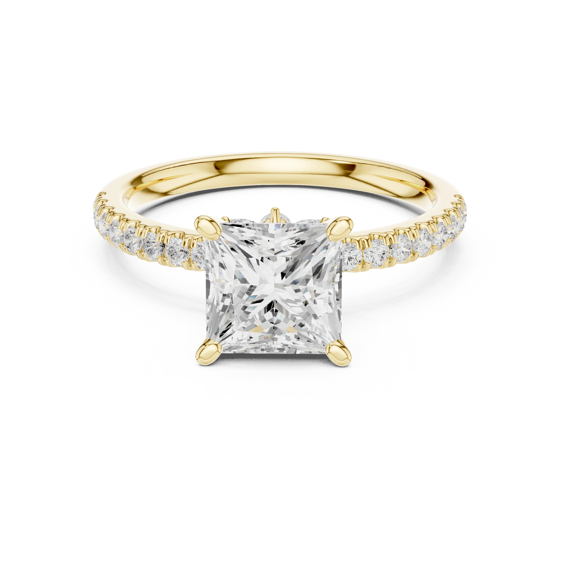 Princess solitaire ring in yellow gold with pave diamond band and lab-grown diamond – Australia