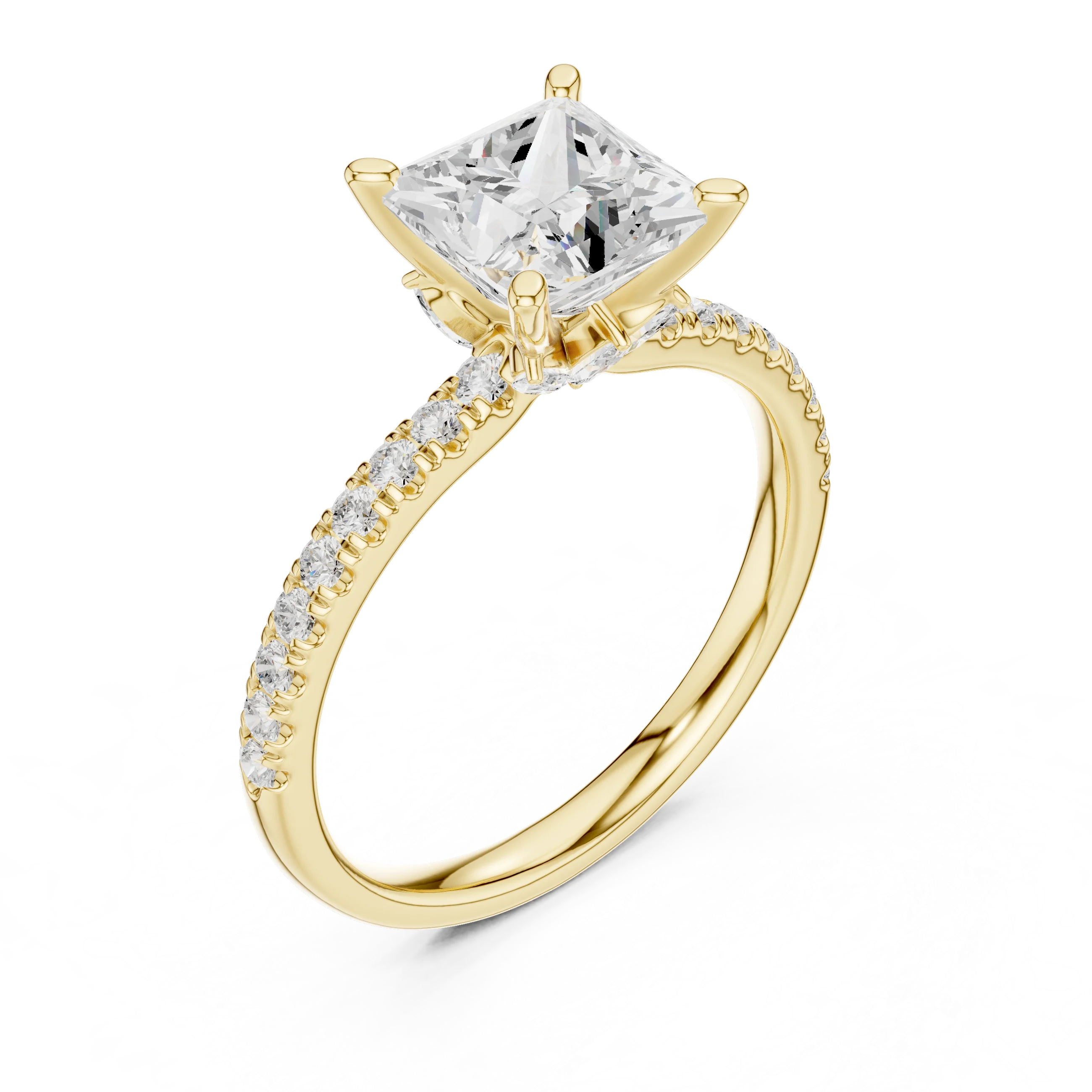 Front view of yellow gold princess solitaire ring with pave diamond band and lab-grown diamond – Australia