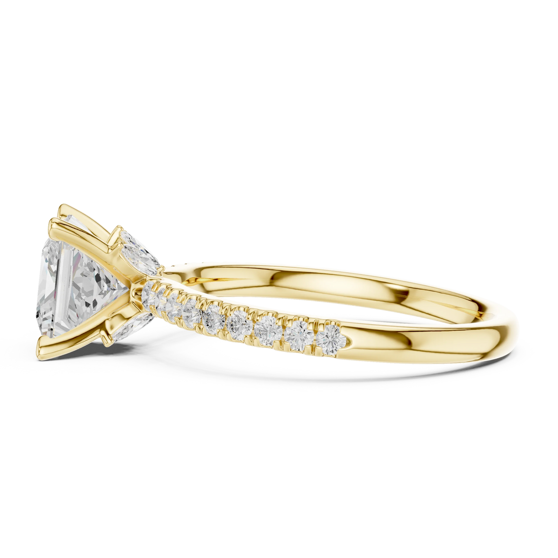 Side view of yellow gold princess solitaire ring with pave diamond band and lab-grown diamond – Australia