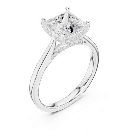 Front view of white gold princess solitaire ring with plain domed band and lab-grown diamond – Australia