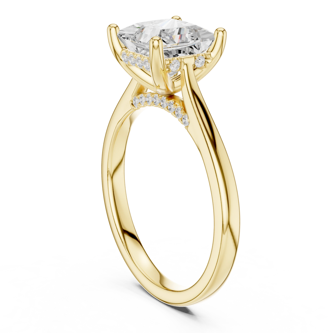 Back view of yellow gold princess solitaire ring with plain domed band and lab-grown diamond – Australia