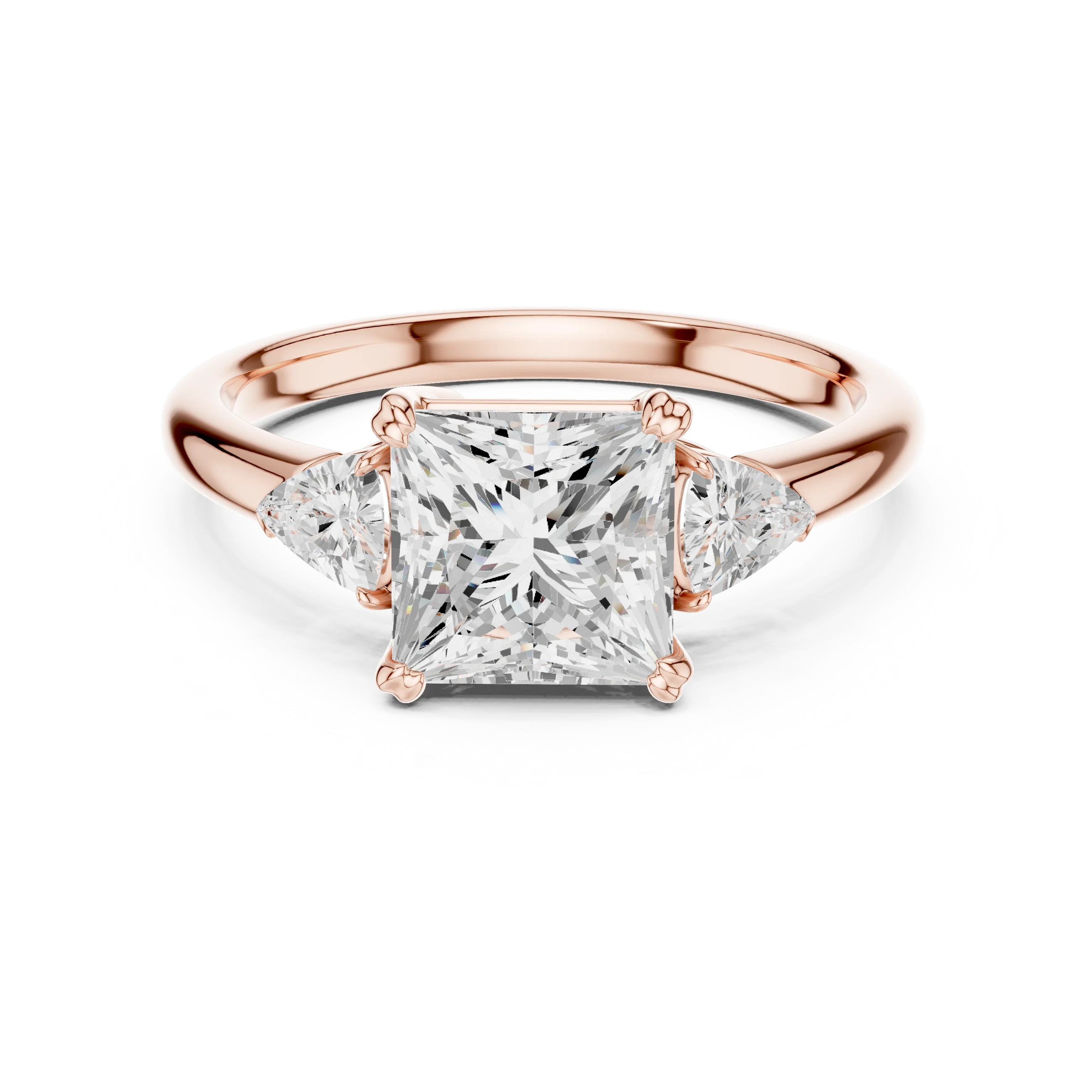 Princess three-stone ring in rose gold with half-moon side stones and lab-grown diamond – Australia