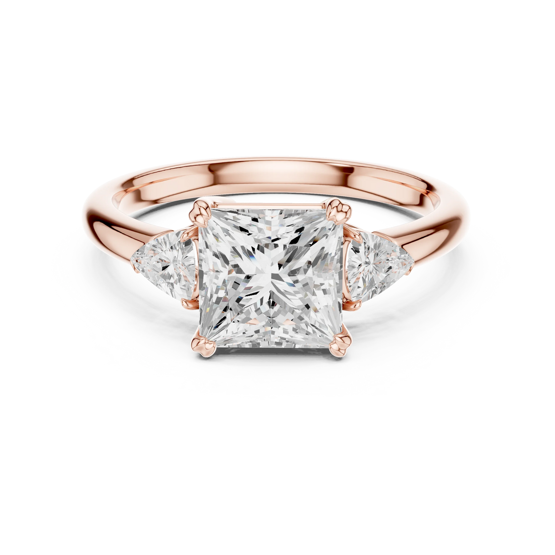 Princess three-stone ring in rose gold with half-moon side stones and lab-grown diamond – Australia