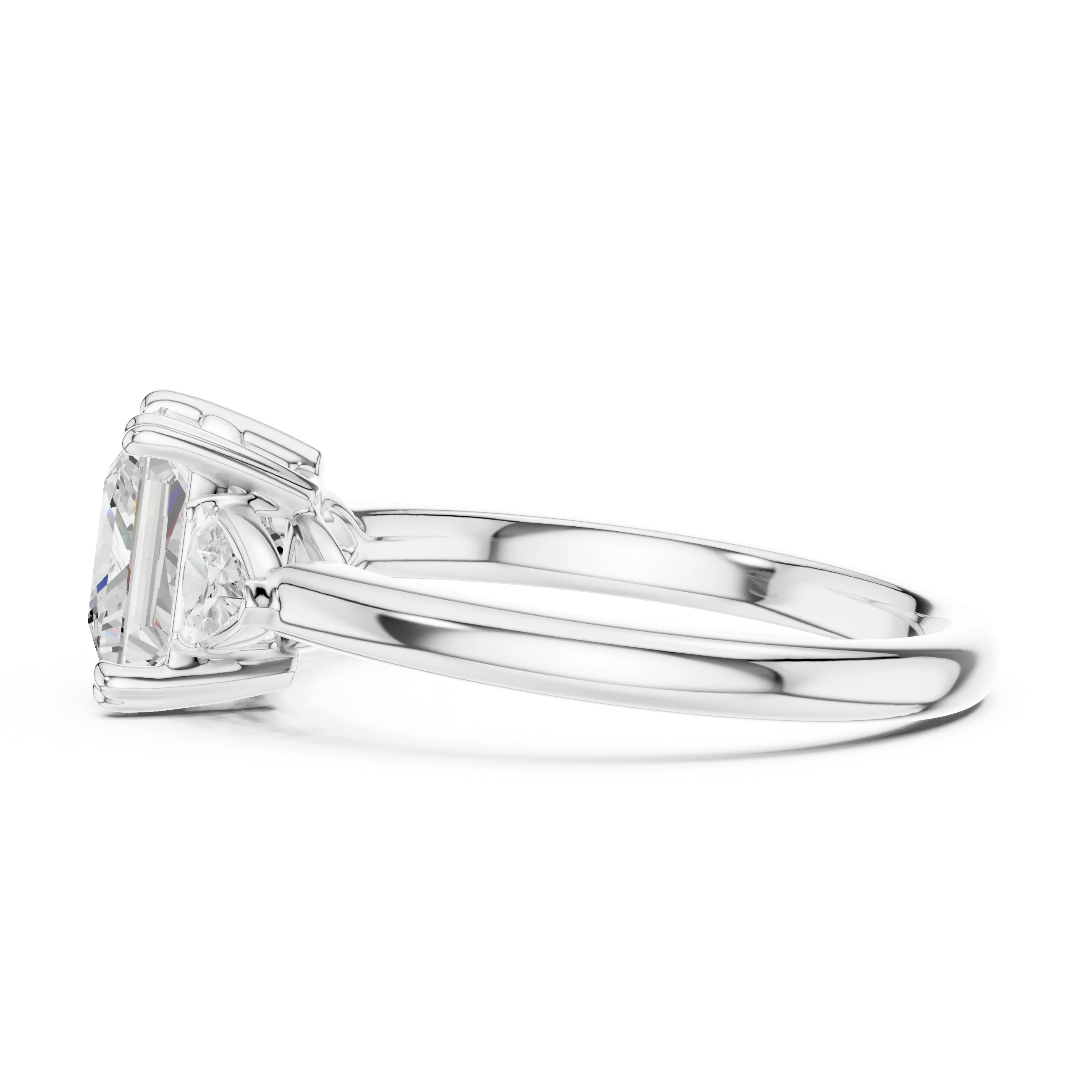 Side view of white gold princess three-stone ring with half-moon side stones and lab-grown diamond – Australia