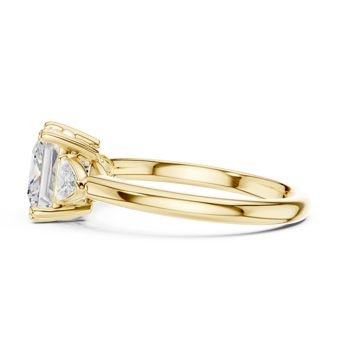 Side view of yellow gold princess three-stone ring with half-moon side stones and lab-grown diamond – Australia