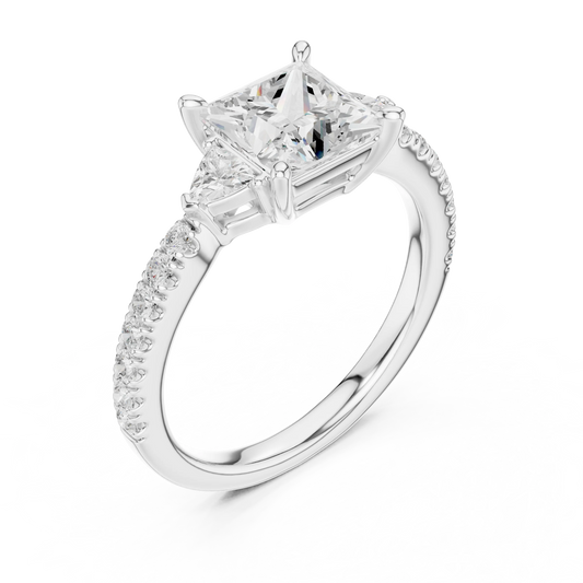 Front view of white gold princess three stone diamond ring with half moon side stones and pave band, showcasing center stone.