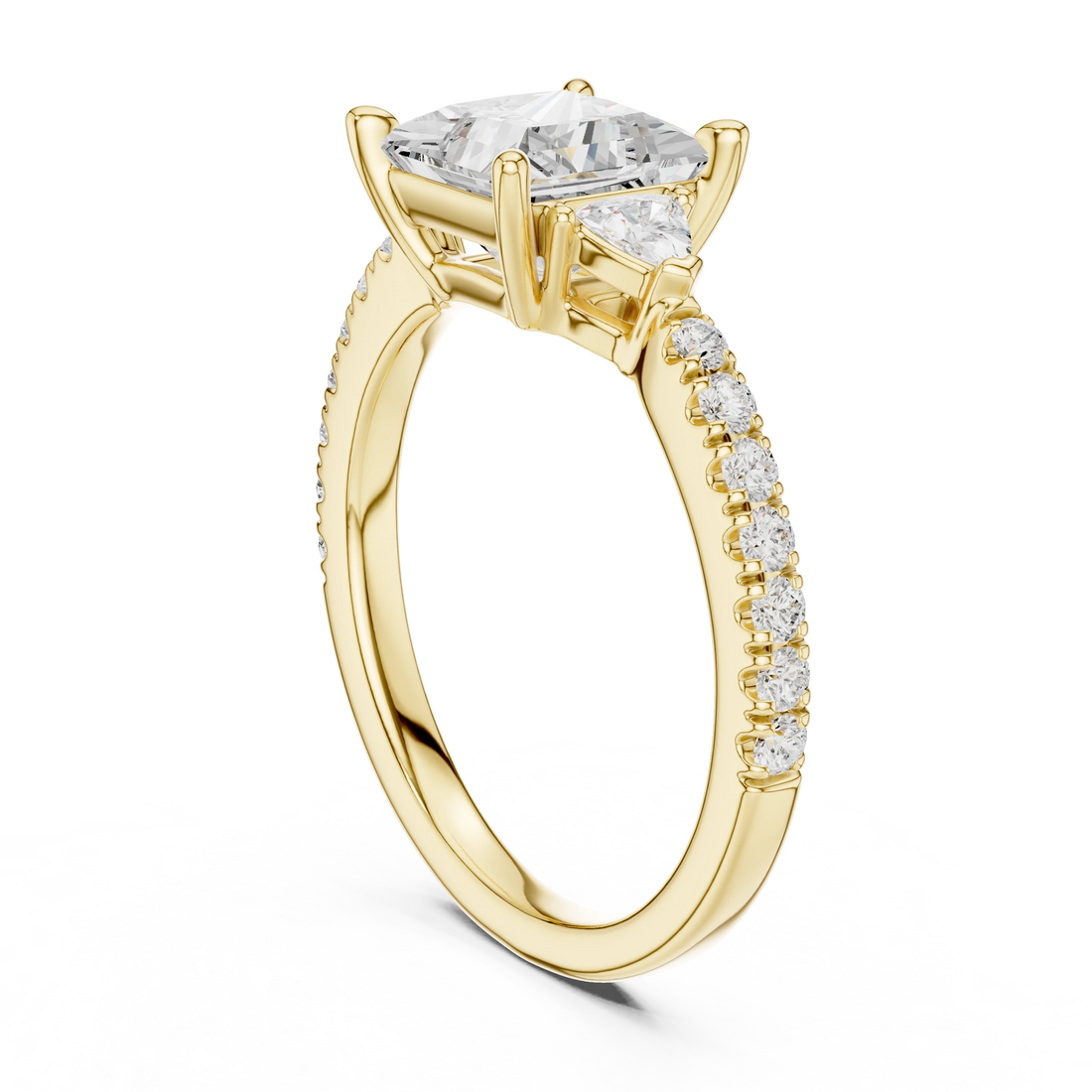 Back view of yellow gold princess three stone diamond ring with half moon side stones and pave band, showing band structure.