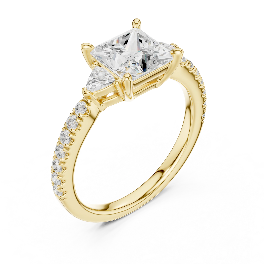 Front view of yellow gold princess three stone diamond ring with half moon side stones and pave band, emphasizing brilliance.