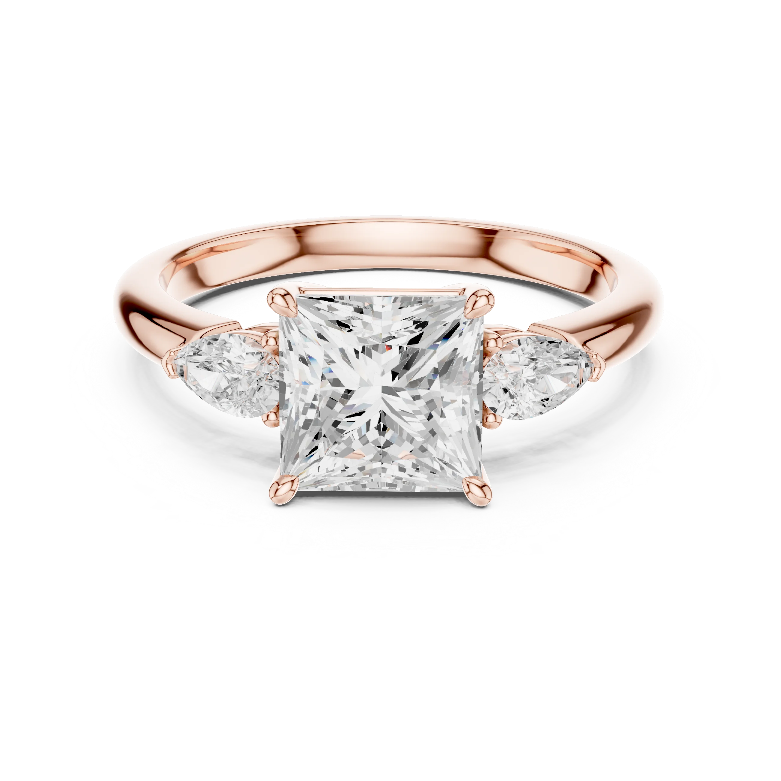 Princess three-stone ring in rose gold with pear side stones and lab-grown diamond – Australia