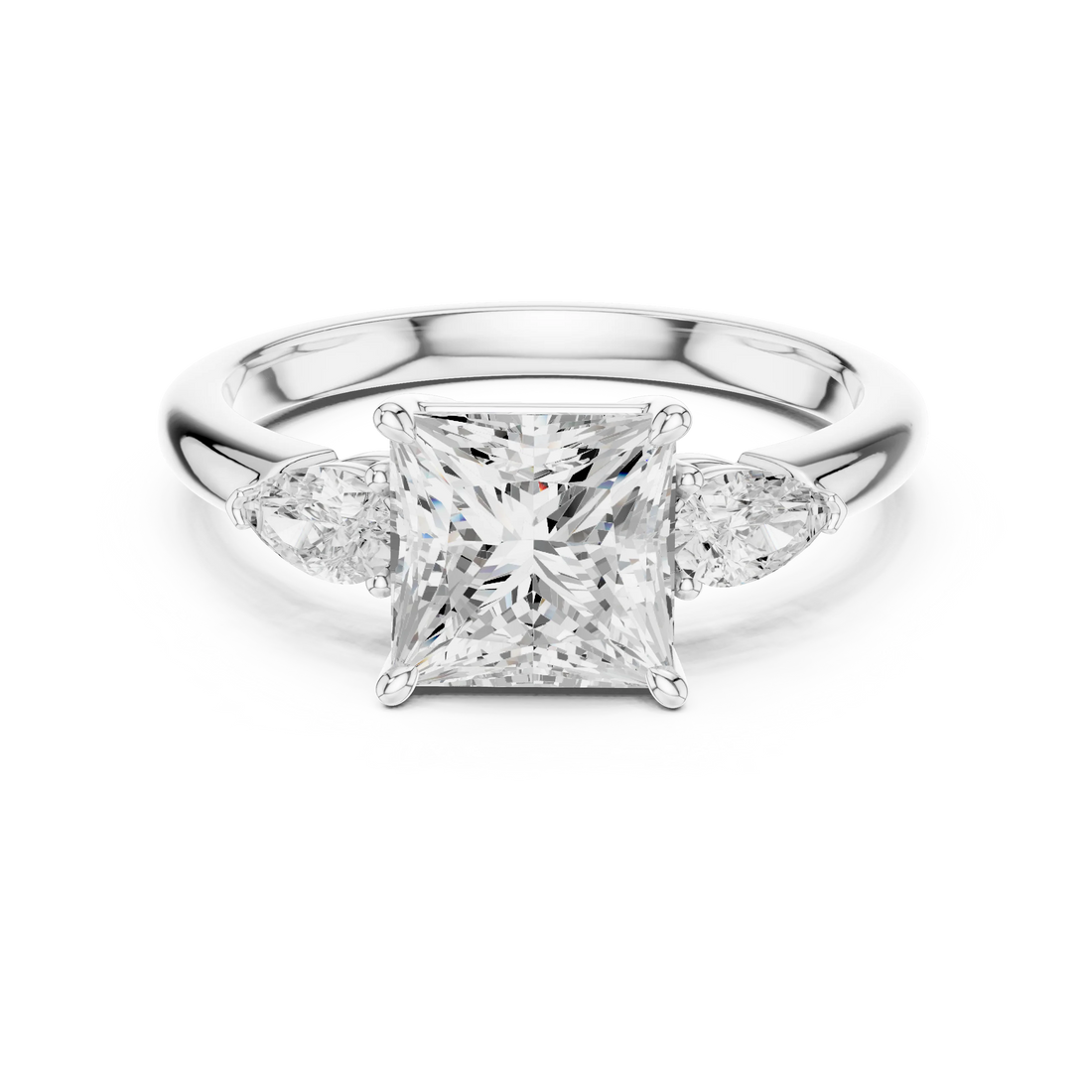 Princess three-stone ring in white gold with pear side stones and lab-grown diamond – Australia