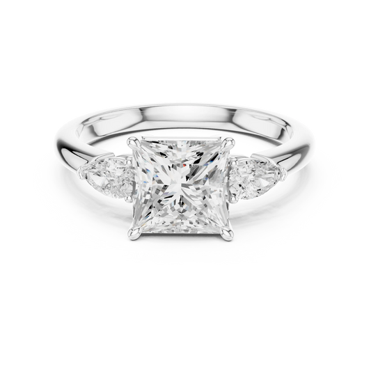 Princess three-stone ring in white gold with pear side stones and lab-grown diamond – Australia