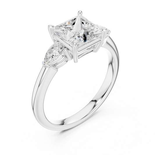 Front view of white gold princess three-stone ring with pear side stones and lab-grown diamond – Australia