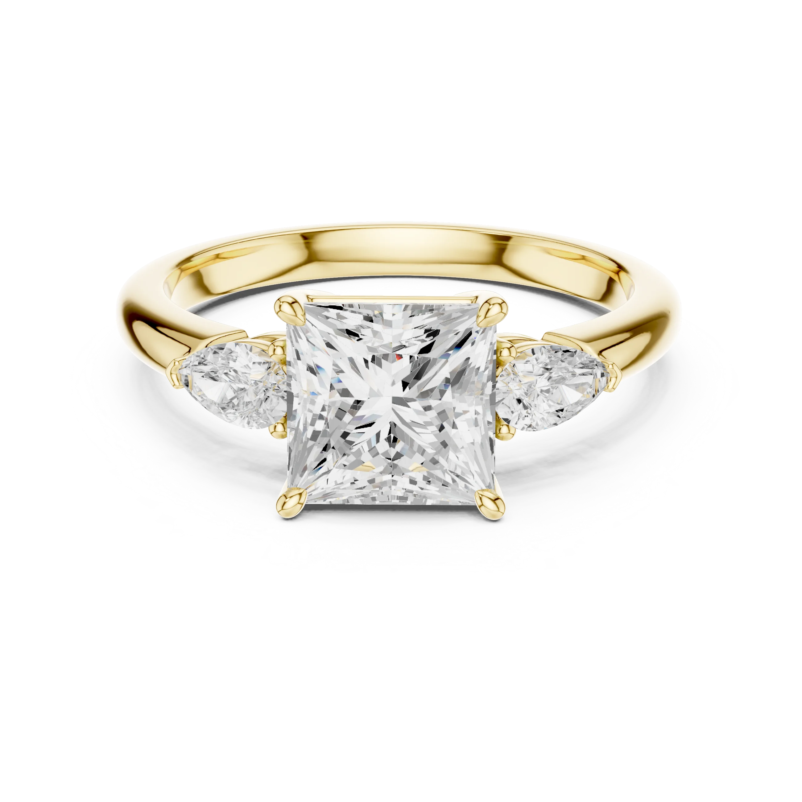 Princess three-stone ring in yellow gold with pear side stones and lab-grown diamond – Australia