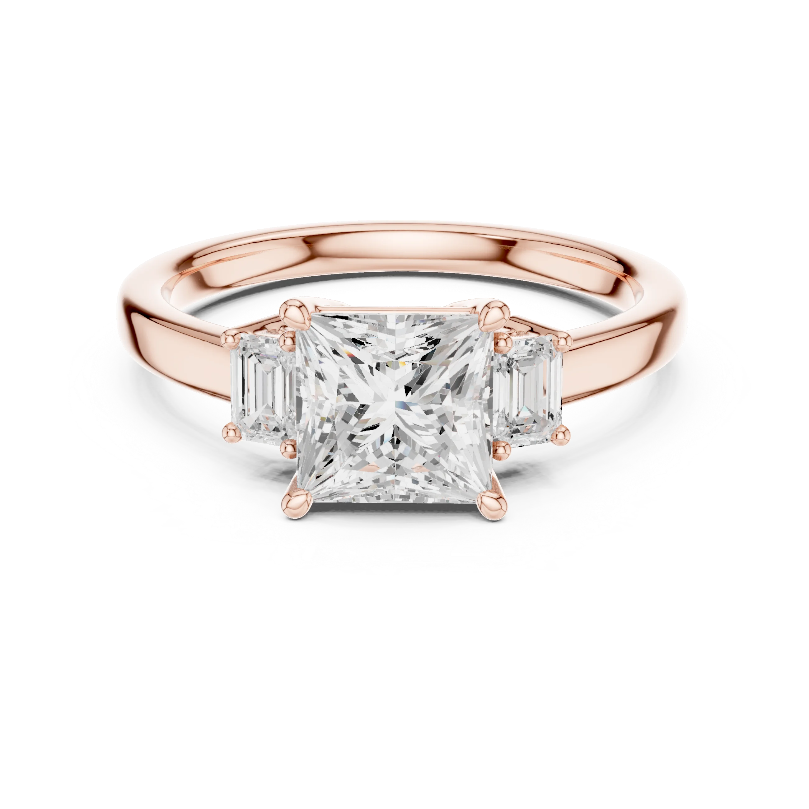 Lab-grown princess cut three stone diamond ring in rose gold, soft tone top view.
