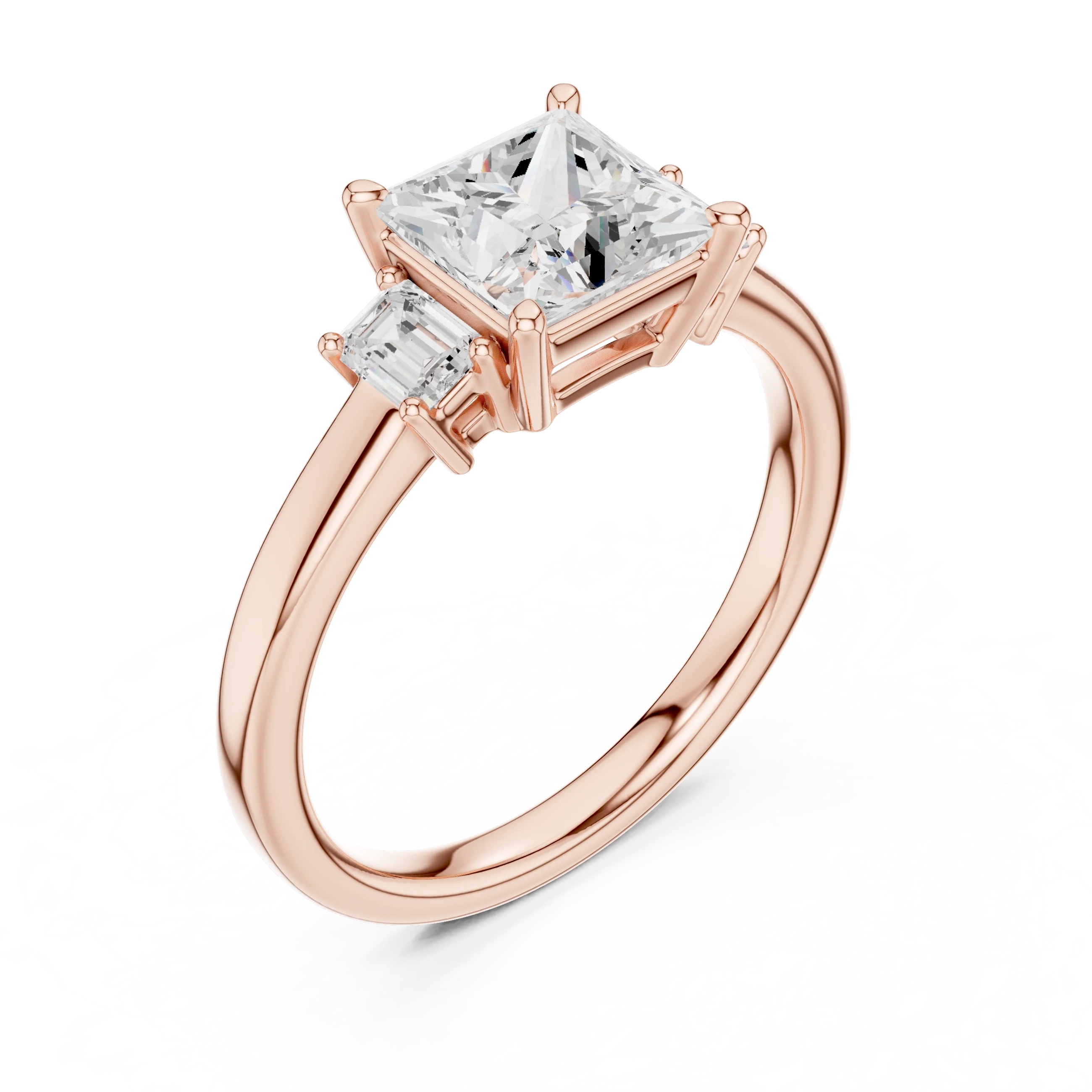 Front view of rose gold princess three stone diamond ring, showcasing gemstone brilliance.