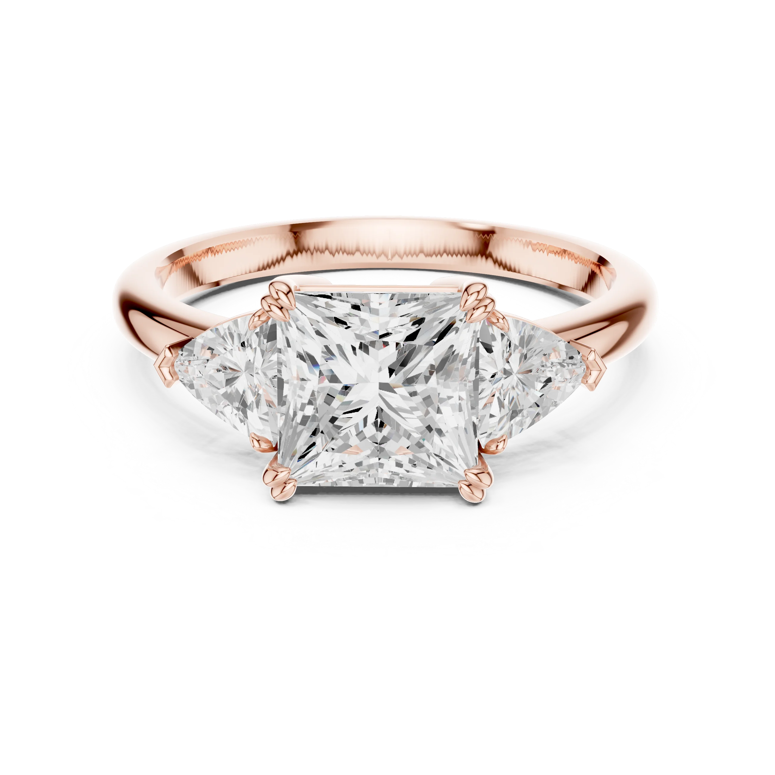 Princess three-stone ring in rose gold with trillion cut side stones and lab-grown diamond – Australia