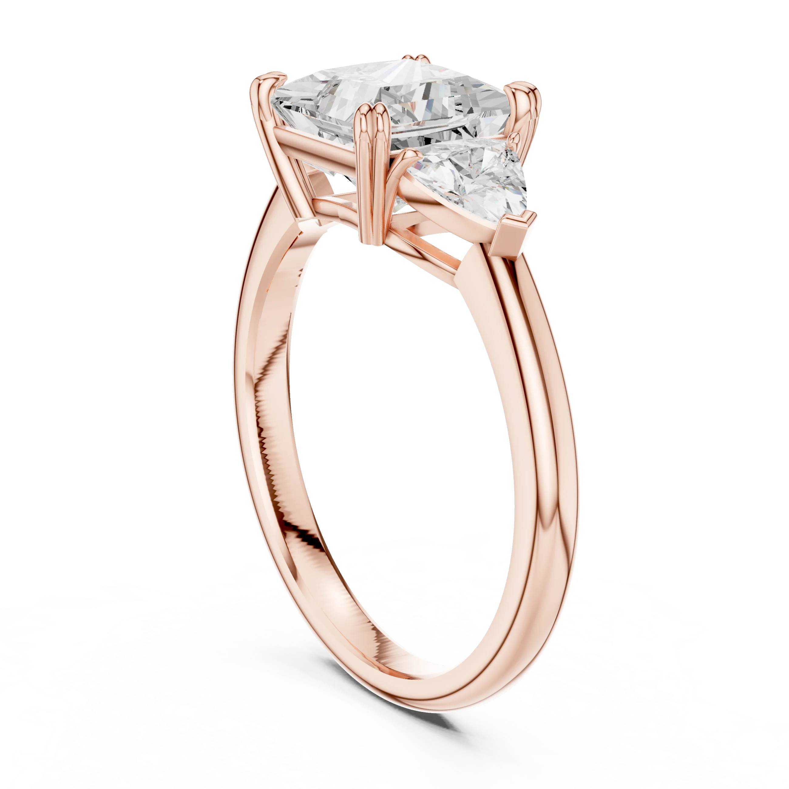 Back side view of rose gold princess three-stone ring with trillion cut side stones and lab-grown diamond – Australia