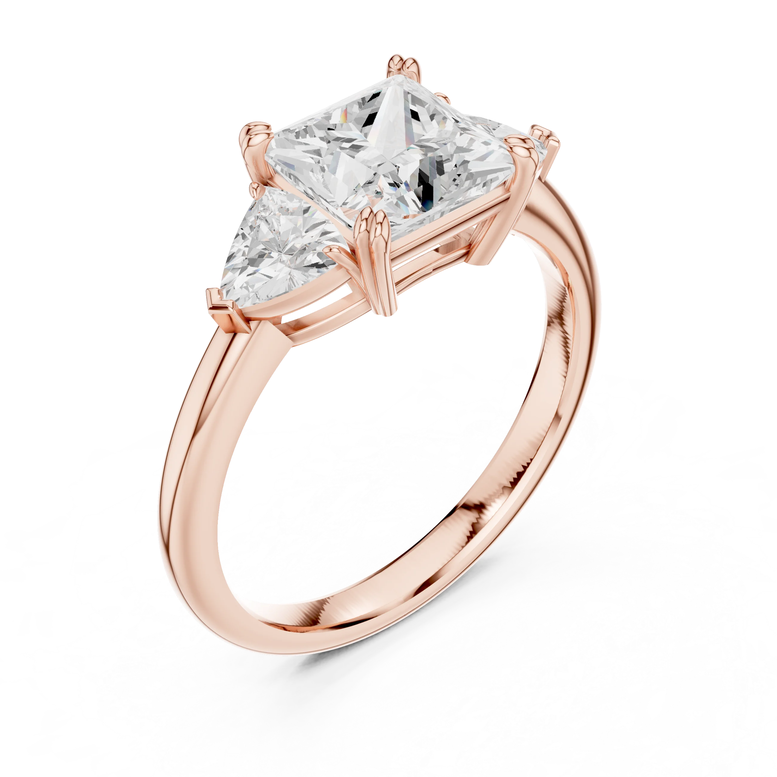 Front view of rose gold princess three-stone ring with trillion cut side stones and lab-grown diamond – Australia