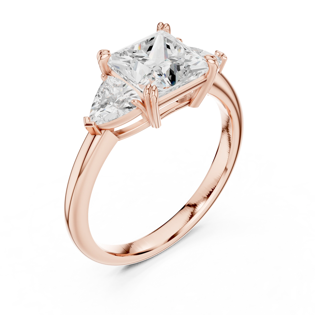 Front view of rose gold princess three-stone ring with trillion cut side stones and lab-grown diamond – Australia