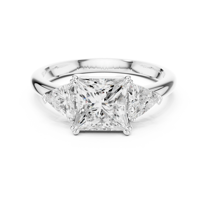 Princess three-stone ring in white gold with trillion cut side stones and lab-grown diamond – Australia